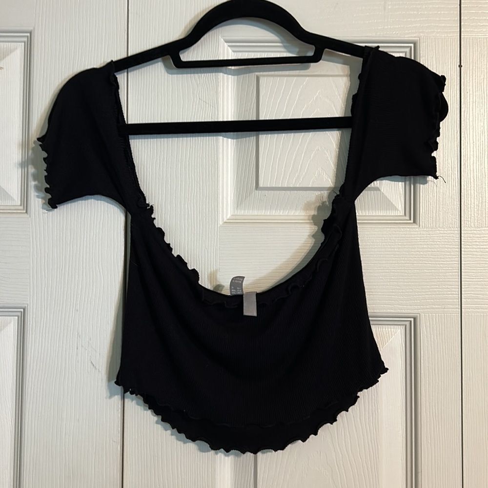 ASOS US Size 6 Black Sleeveless Crop Top Ribbed Ruffle Cold Shoulder Ruffle - Picture 6 of 6